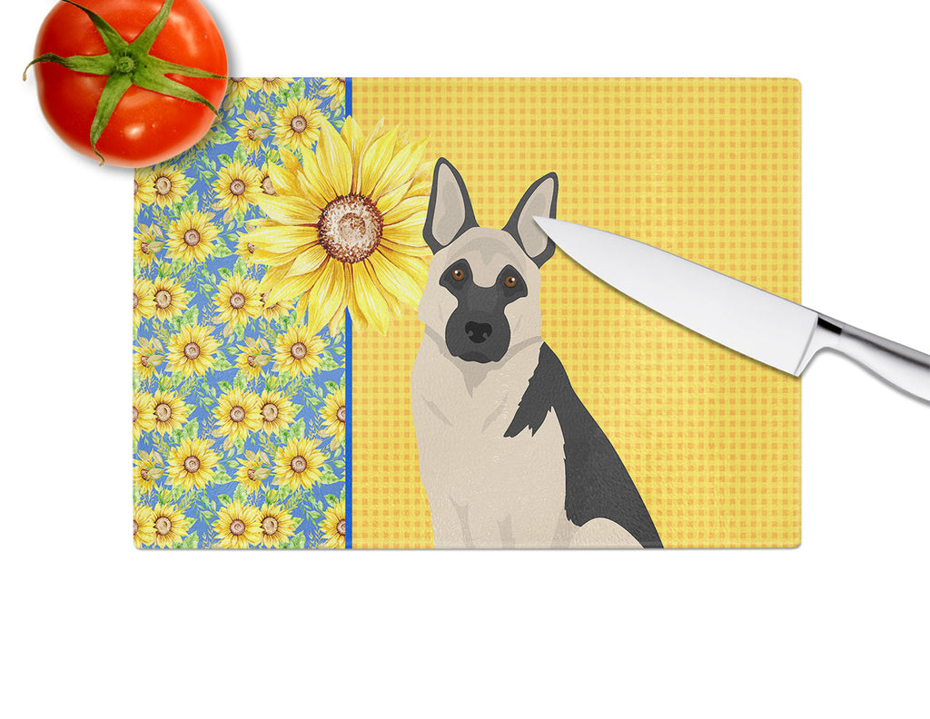Summer Sunflowers Black and Silver German Shepherd Cutting Board Tempered Glass Kitchen Cutting Surface, Heat Resistant Chopping, Non-Slip Feet, Food Prep & Serving