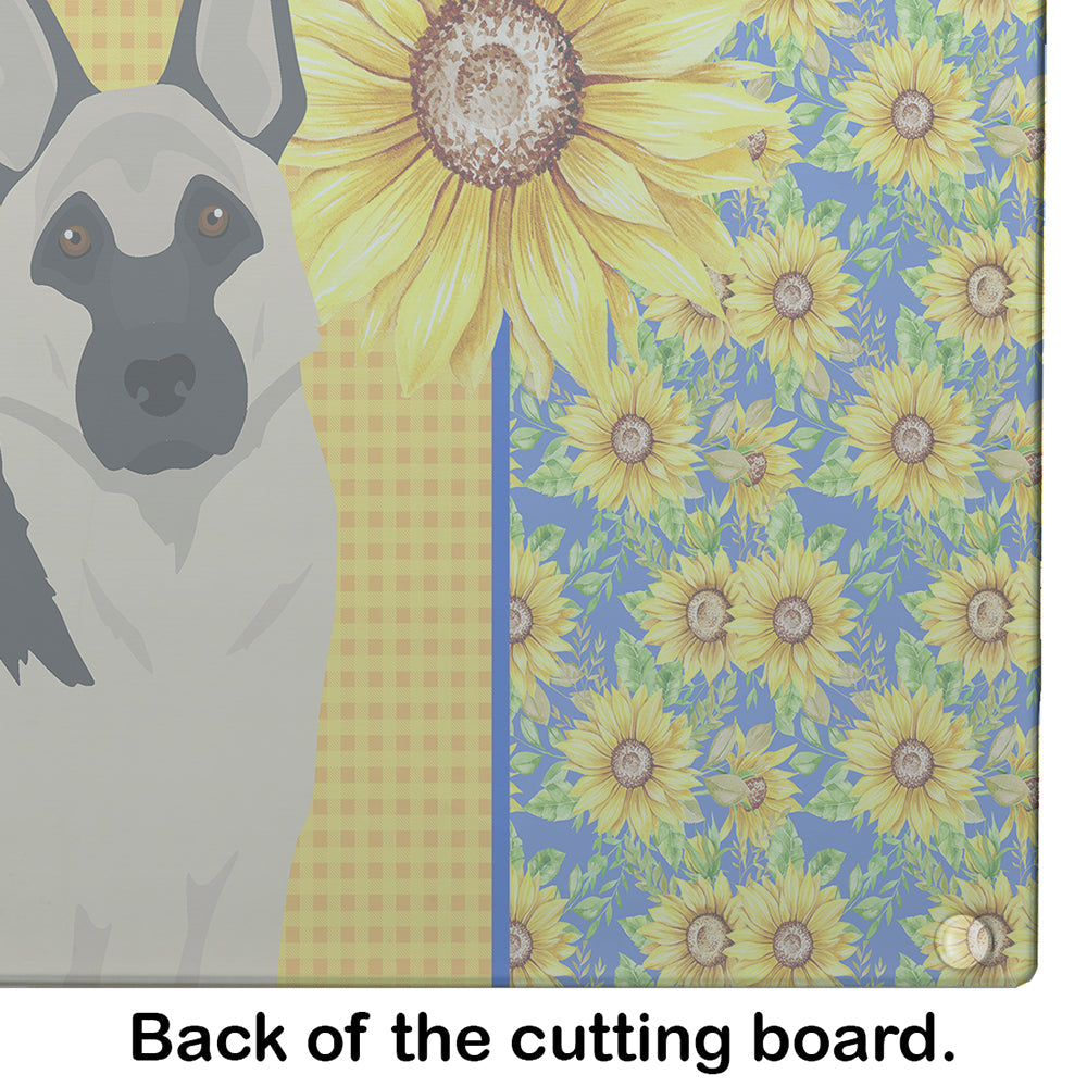 Summer Sunflowers Black and Silver German Shepherd Cutting Board Tempered Glass Kitchen Cutting Surface, Heat Resistant Chopping, Non-Slip Feet, Food Prep & Serving