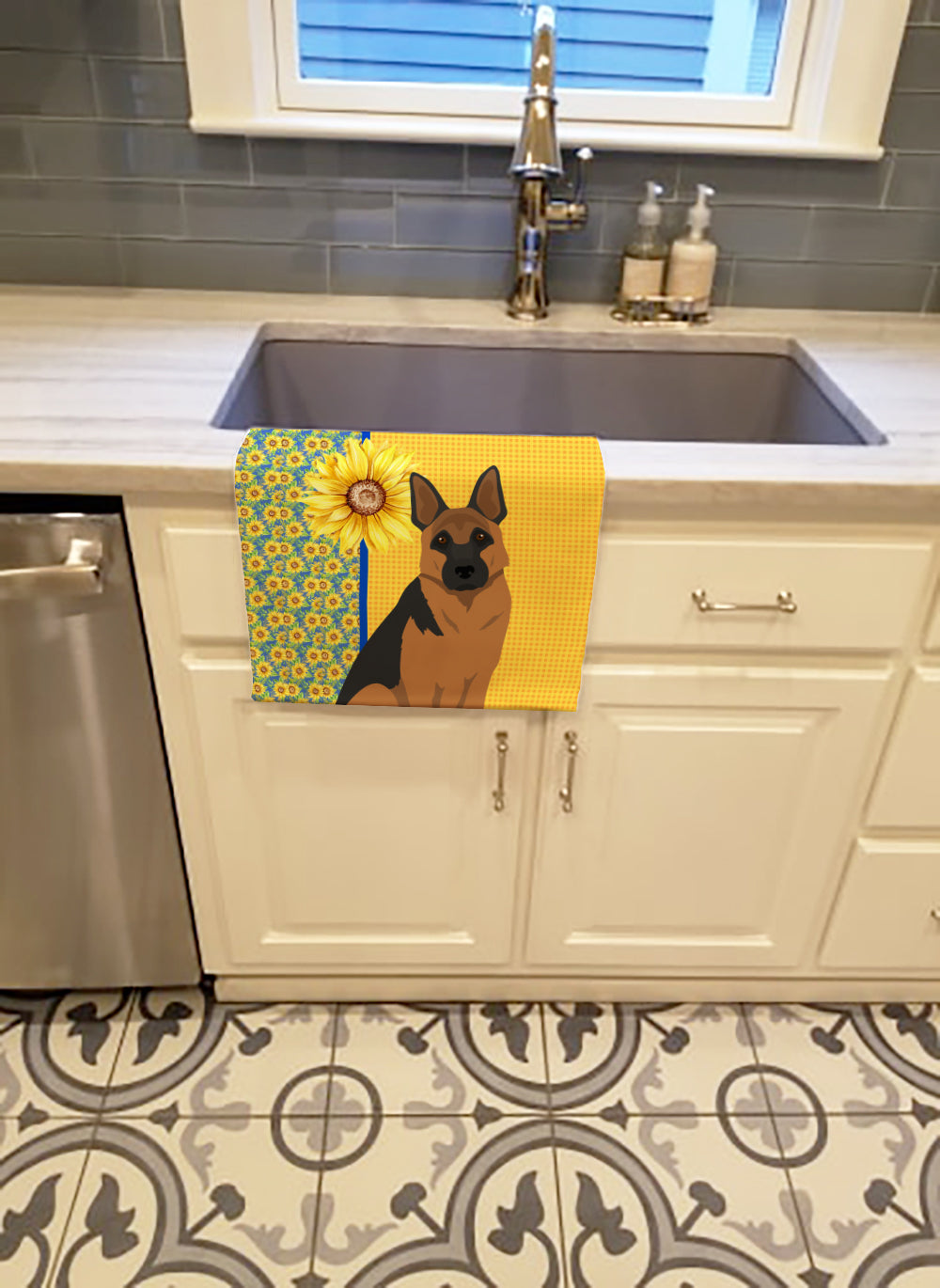 Summer Sunflowers Black and Tan German Shepherd Kitchen Towel Velour Plush Front and Cotton Loop Back Machine Washable