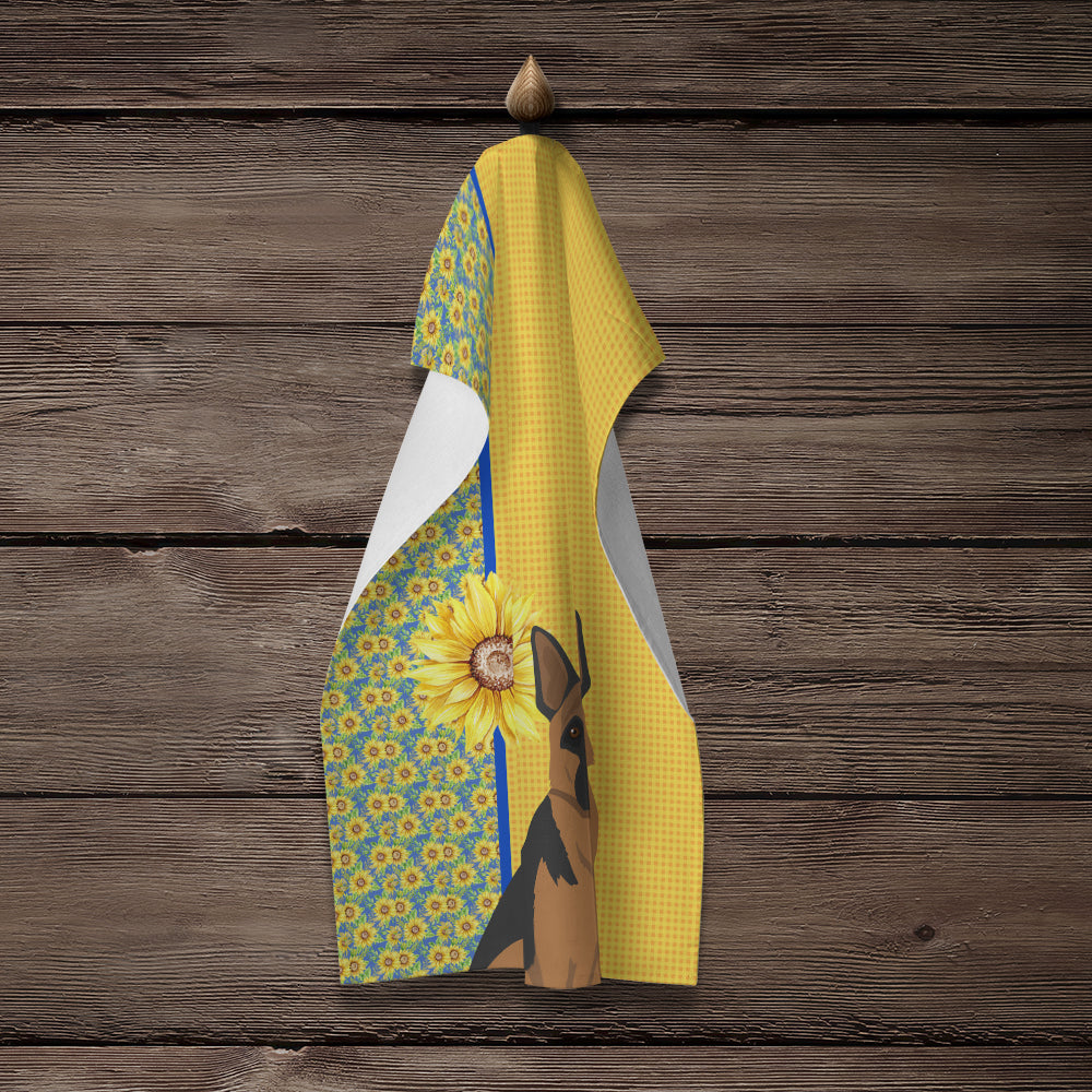 Summer Sunflowers Black and Tan German Shepherd Kitchen Towel Velour Plush Front and Cotton Loop Back Machine Washable