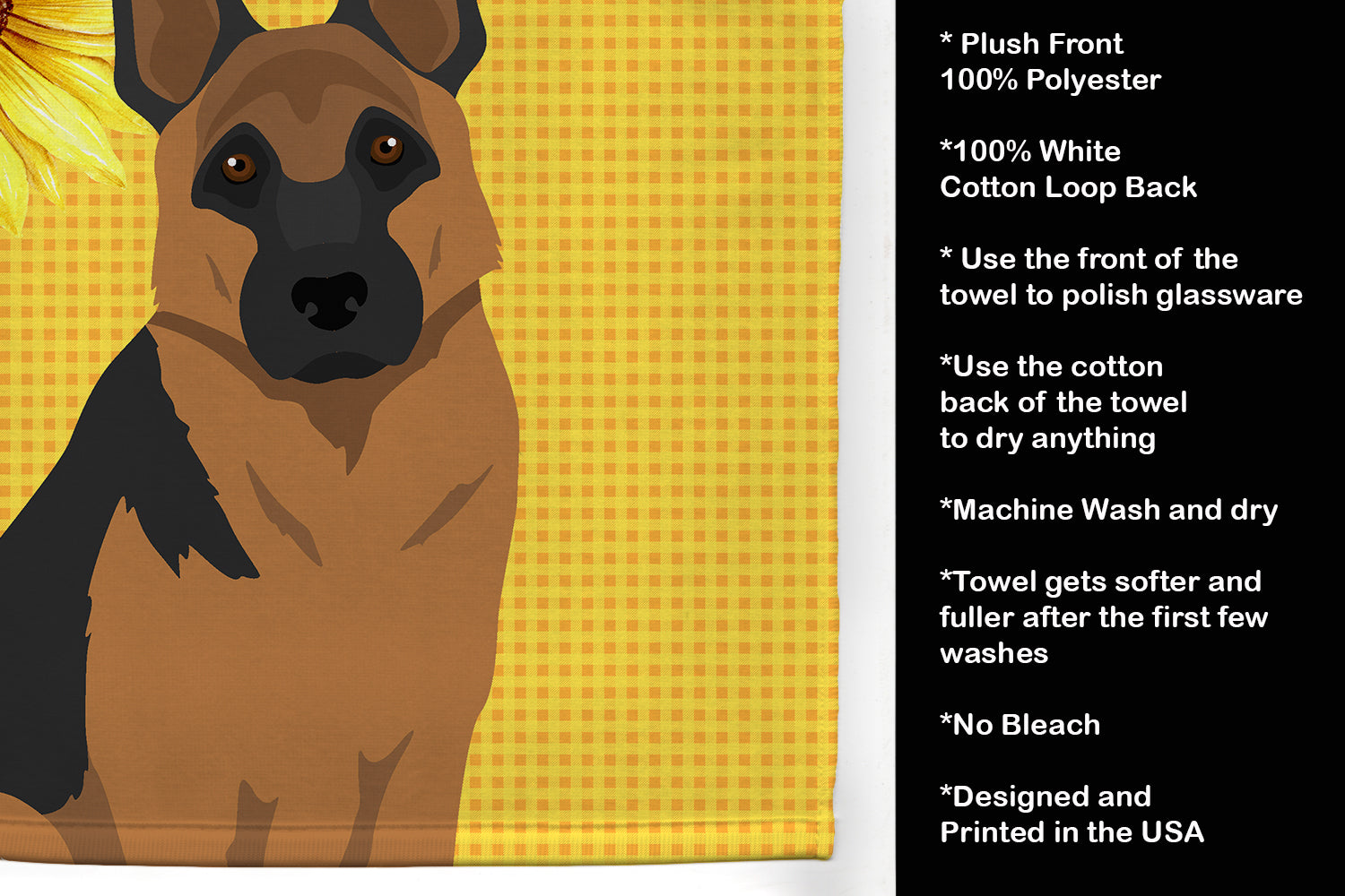 Summer Sunflowers Black and Tan German Shepherd Kitchen Towel Velour Plush Front and Cotton Loop Back Machine Washable
