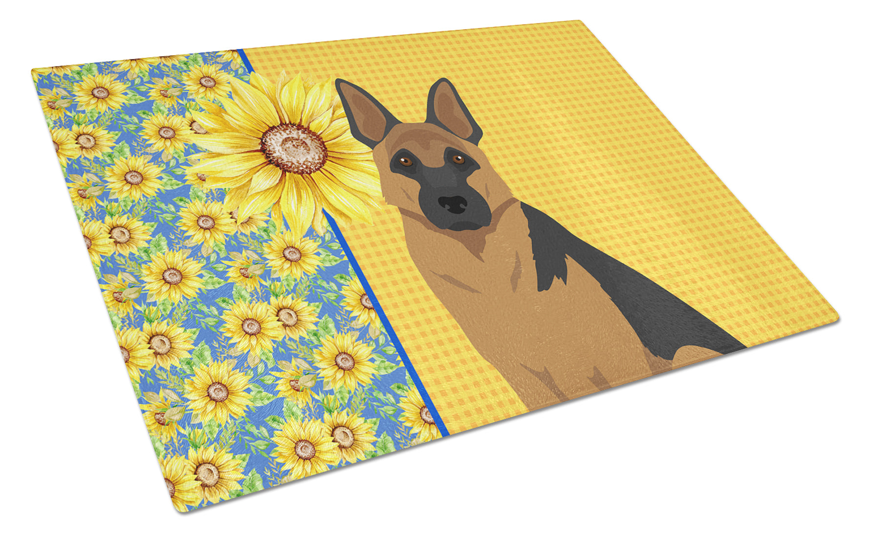 Summer Sunflowers Black and Tan German Shepherd Cutting Board Tempered Glass Kitchen Cutting Surface, Heat Resistant Chopping, Non-Slip Feet, Food Prep & Serving