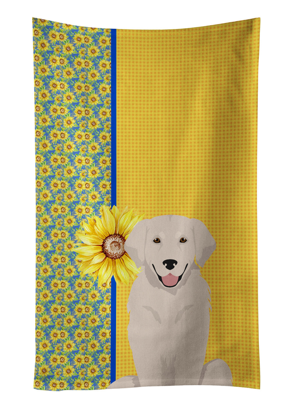 Summer Sunflowers Cream Golden Retriever Kitchen Towel Velour Plush Front and Cotton Loop Back Machine Washable