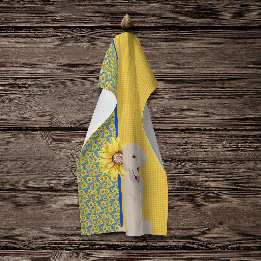Summer Sunflowers Cream Golden Retriever Kitchen Towel Velour Plush Front and Cotton Loop Back Machine Washable
