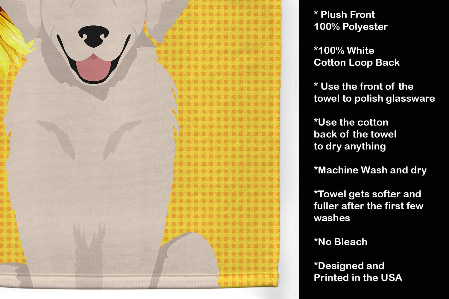 Summer Sunflowers Cream Golden Retriever Kitchen Towel Velour Plush Front and Cotton Loop Back Machine Washable