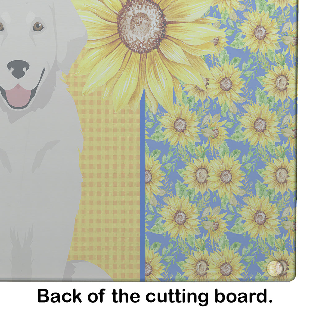 Summer Sunflowers Cream Golden Retriever Cutting Board Tempered Glass Kitchen Cutting Surface, Heat Resistant Chopping, Non-Slip Feet, Food Prep & Serving