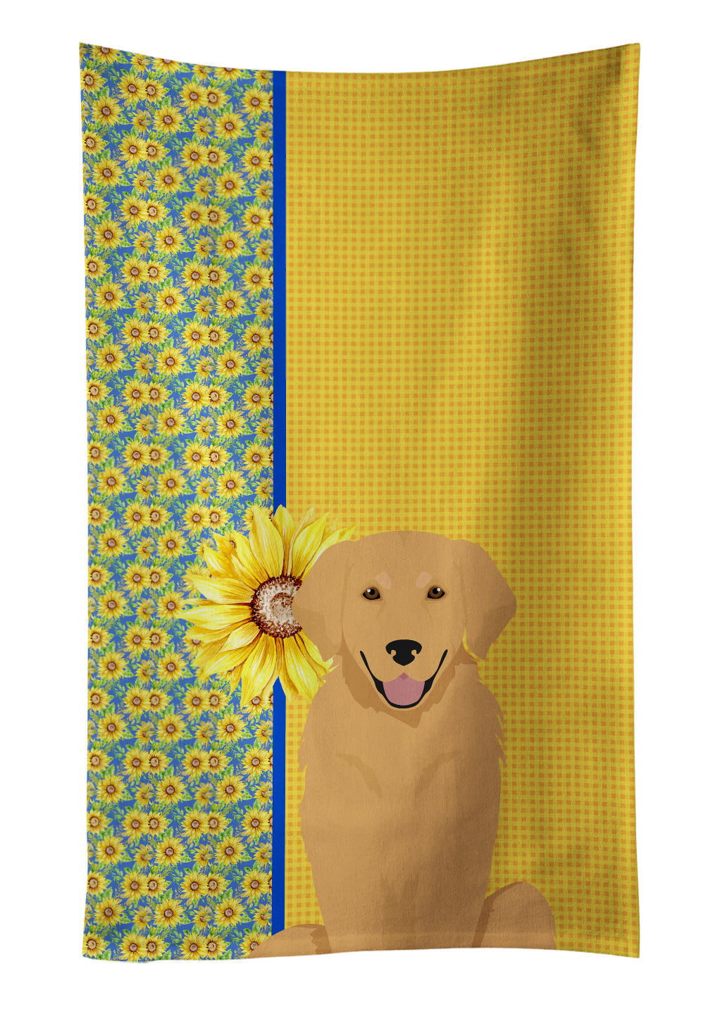 Summer Sunflowers Gold Golden Retriever Kitchen Towel Velour Plush Front and Cotton Loop Back Machine Washable