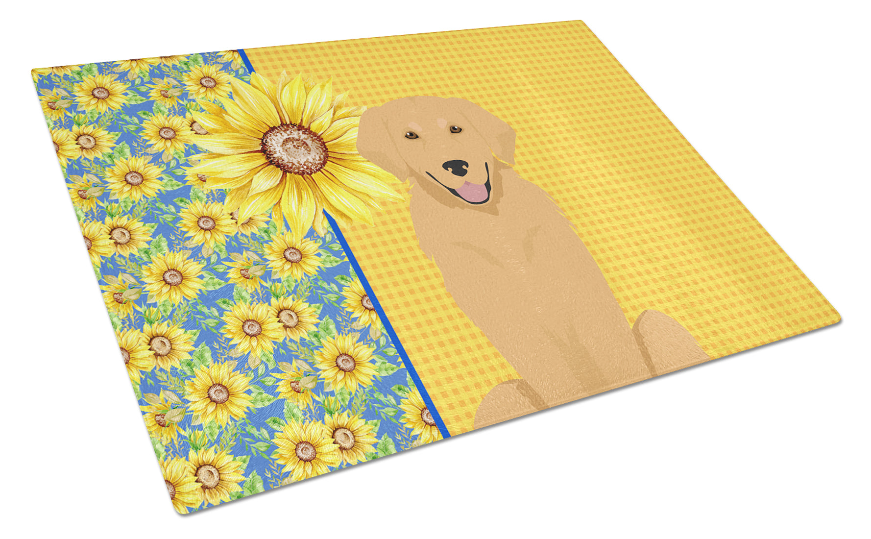 Summer Sunflowers Gold Golden Retriever Cutting Board Tempered Glass Kitchen Cutting Surface, Heat Resistant Chopping, Non-Slip Feet, Food Prep & Serving