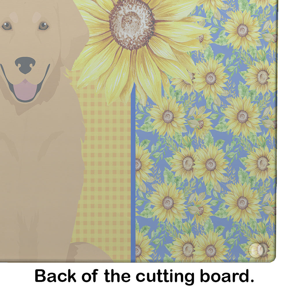 Summer Sunflowers Gold Golden Retriever Cutting Board Tempered Glass Kitchen Cutting Surface, Heat Resistant Chopping, Non-Slip Feet, Food Prep & Serving