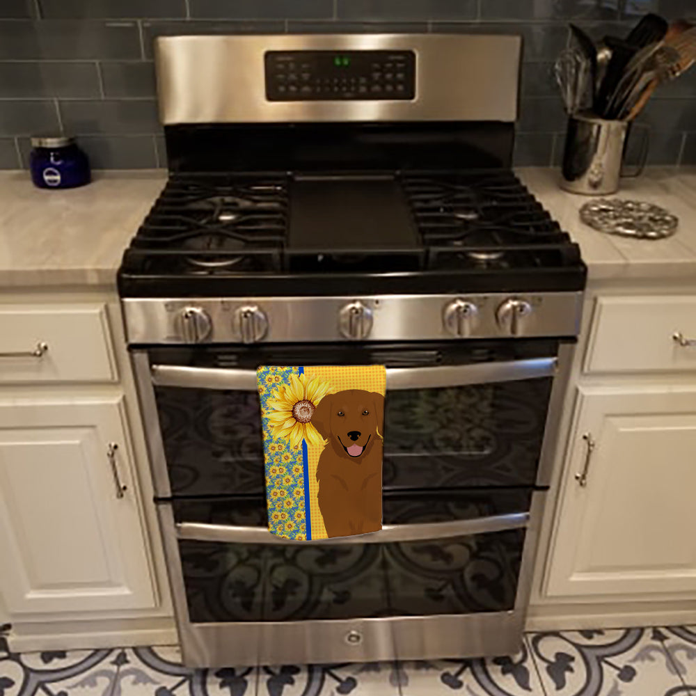Summer Sunflowers Mahogany Golden Retriever Kitchen Towel Velour Plush Front and Cotton Loop Back Machine Washable