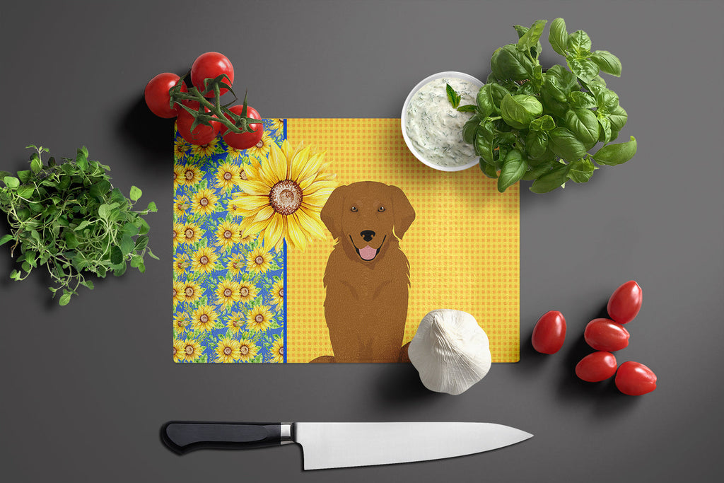 Summer Sunflowers Mahogany Golden Retriever Cutting Board Tempered Glass Kitchen Cutting Surface, Heat Resistant Chopping, Non-Slip Feet, Food Prep & Serving