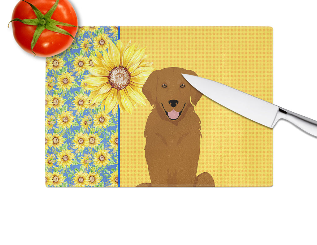 Summer Sunflowers Mahogany Golden Retriever Cutting Board Tempered Glass Kitchen Cutting Surface, Heat Resistant Chopping, Non-Slip Feet, Food Prep & Serving