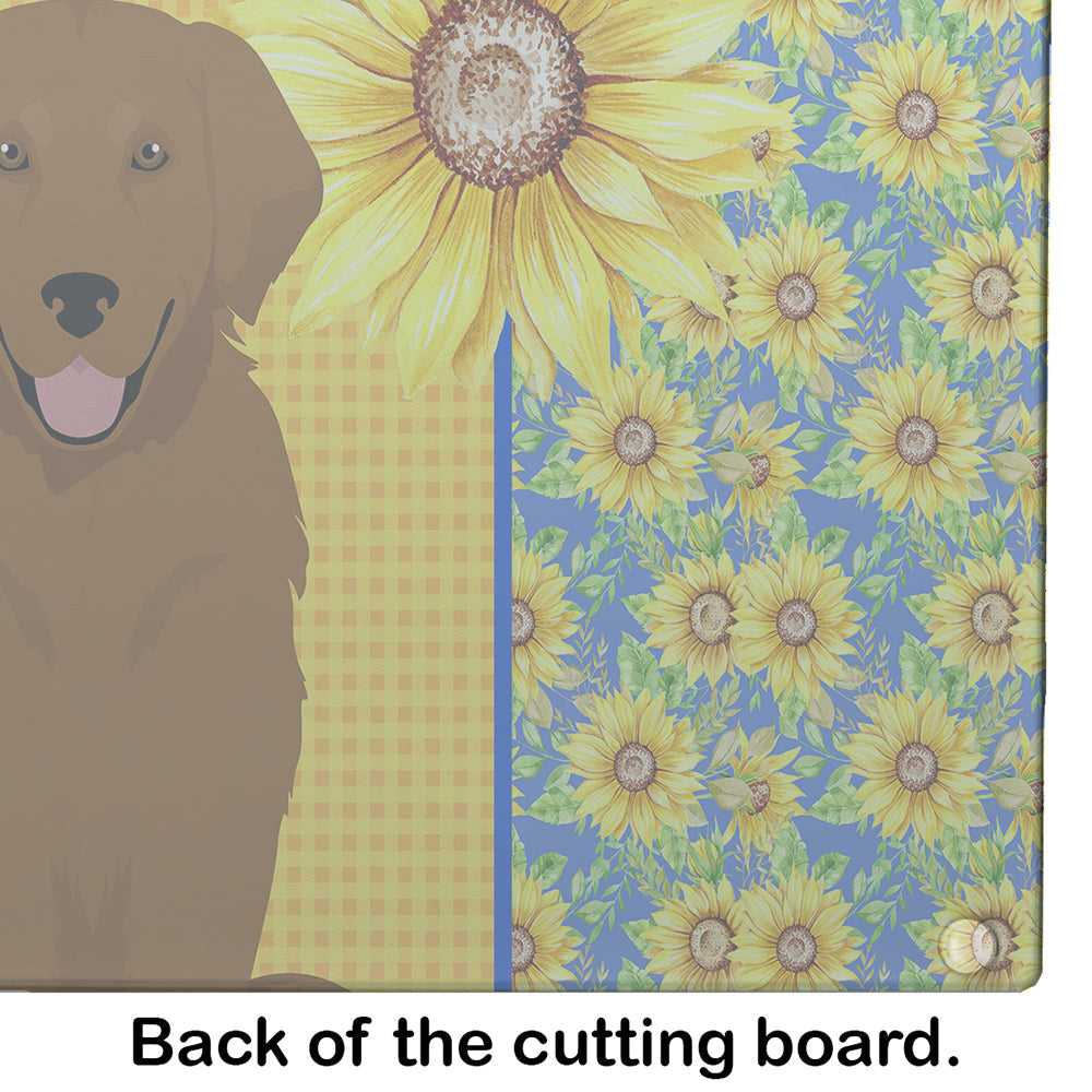 Summer Sunflowers Mahogany Golden Retriever Cutting Board Tempered Glass Kitchen Cutting Surface, Heat Resistant Chopping, Non-Slip Feet, Food Prep & Serving
