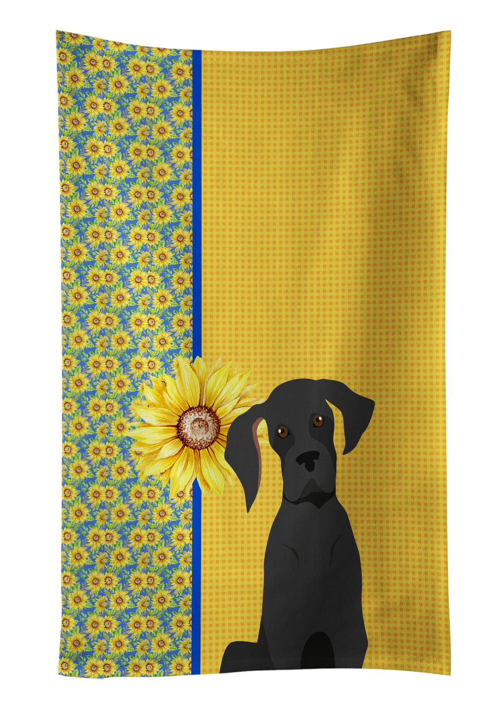 Summer Sunflowers Black Great Dane Kitchen Towel Velour Plush Front and Cotton Loop Back Machine Washable