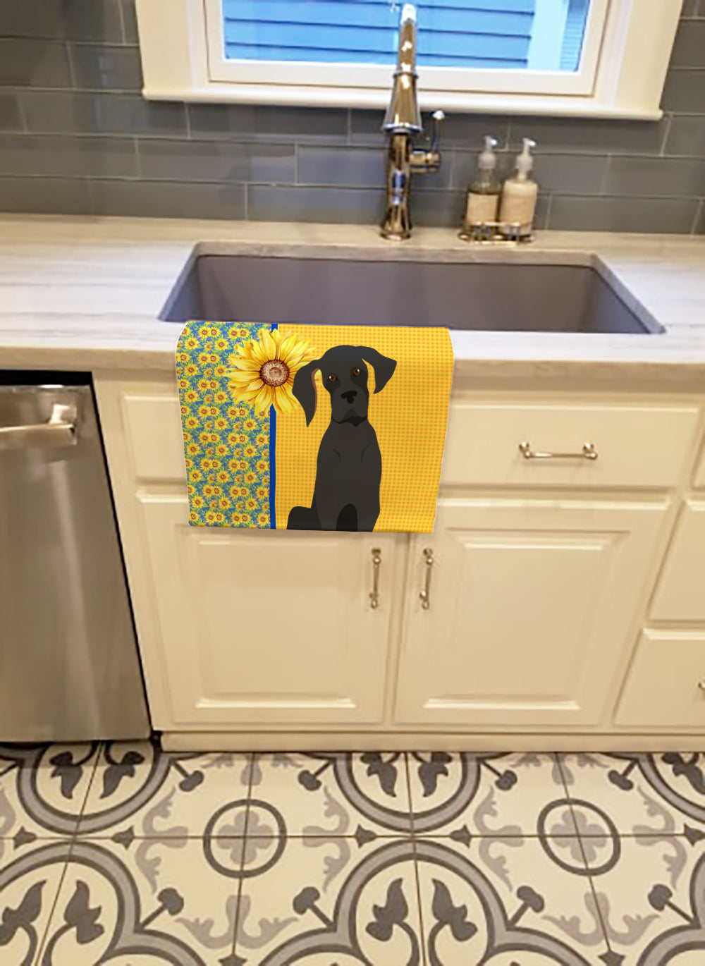Summer Sunflowers Black Great Dane Kitchen Towel Velour Plush Front and Cotton Loop Back Machine Washable