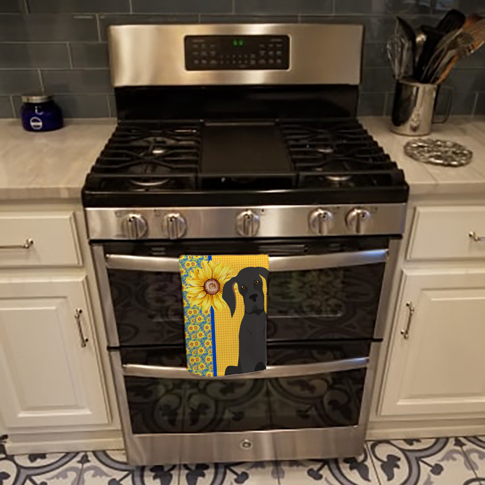 Summer Sunflowers Black Great Dane Kitchen Towel Velour Plush Front and Cotton Loop Back Machine Washable