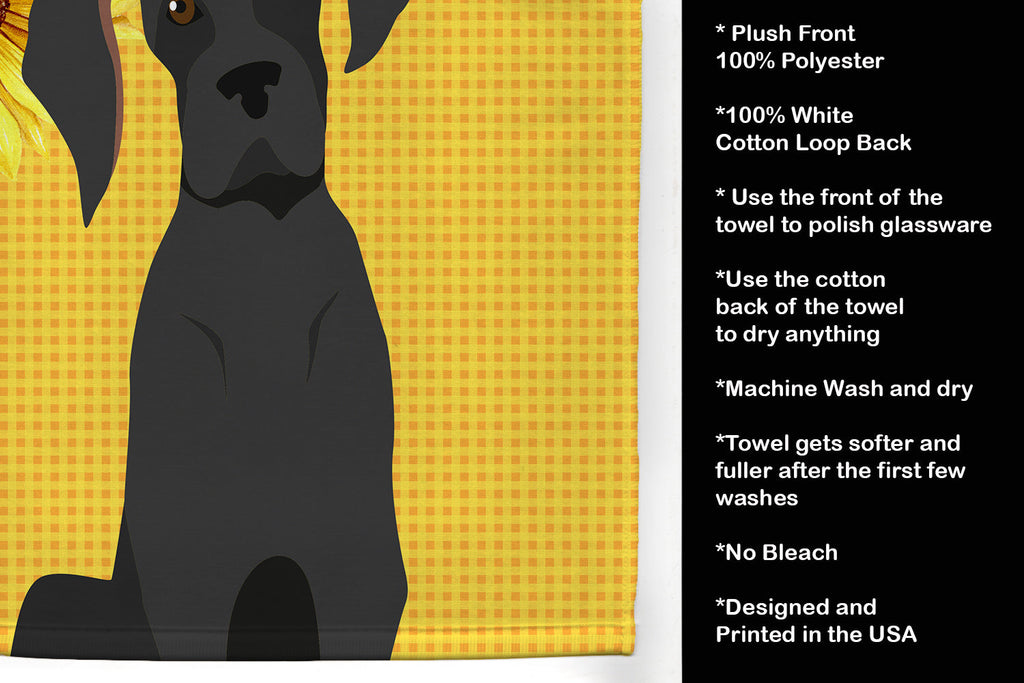 Summer Sunflowers Black Great Dane Kitchen Towel Velour Plush Front and Cotton Loop Back Machine Washable