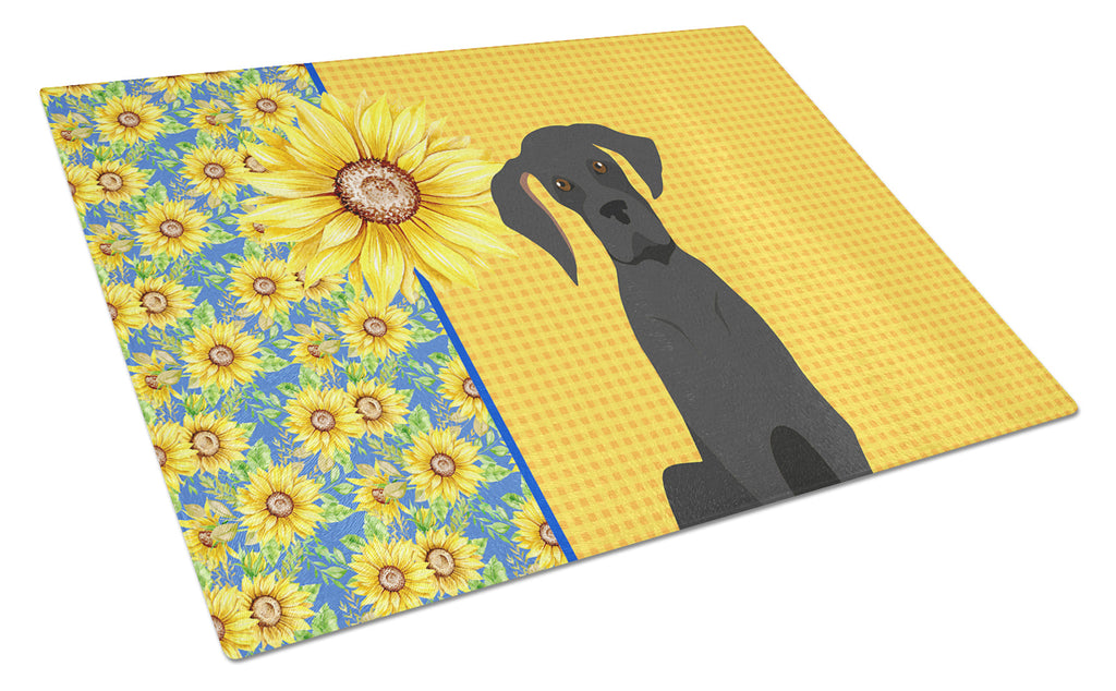 Summer Sunflowers Black Great Dane Cutting Board Tempered Glass Kitchen Cutting Surface, Heat Resistant Chopping, Non-Slip Feet, Food Prep & Serving