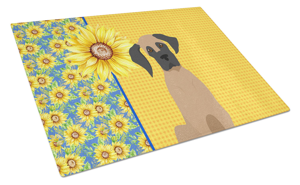 Summer Sunflowers Fawn Great Dane Cutting Board Tempered Glass Kitchen Cutting Surface, Heat Resistant Chopping, Non-Slip Feet, Food Prep & Serving