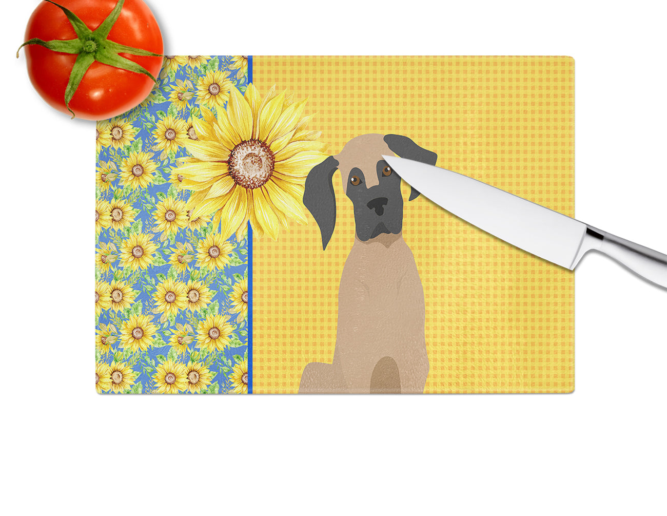 Summer Sunflowers Fawn Great Dane Cutting Board Tempered Glass Kitchen Cutting Surface, Heat Resistant Chopping, Non-Slip Feet, Food Prep & Serving