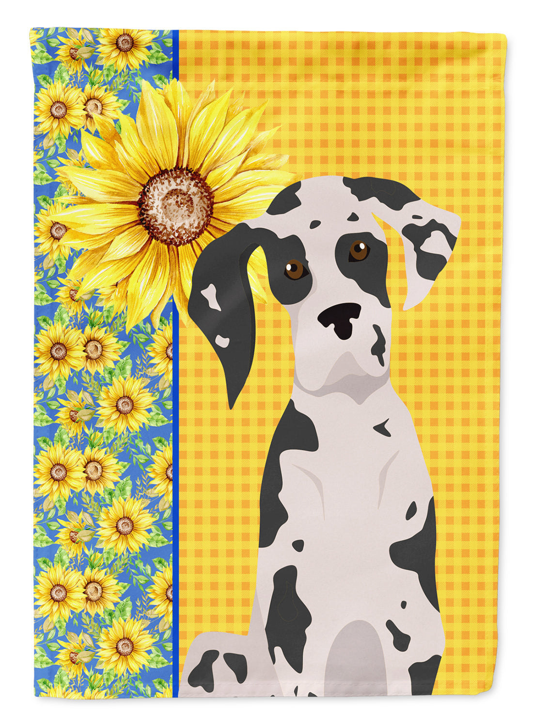 Summer Sunflowers Harlequin Great Dane House Flag 28x40 Porch Sleeve Pole Decorative Outside Yard Banner Artwork Wall Hanging, Polyester