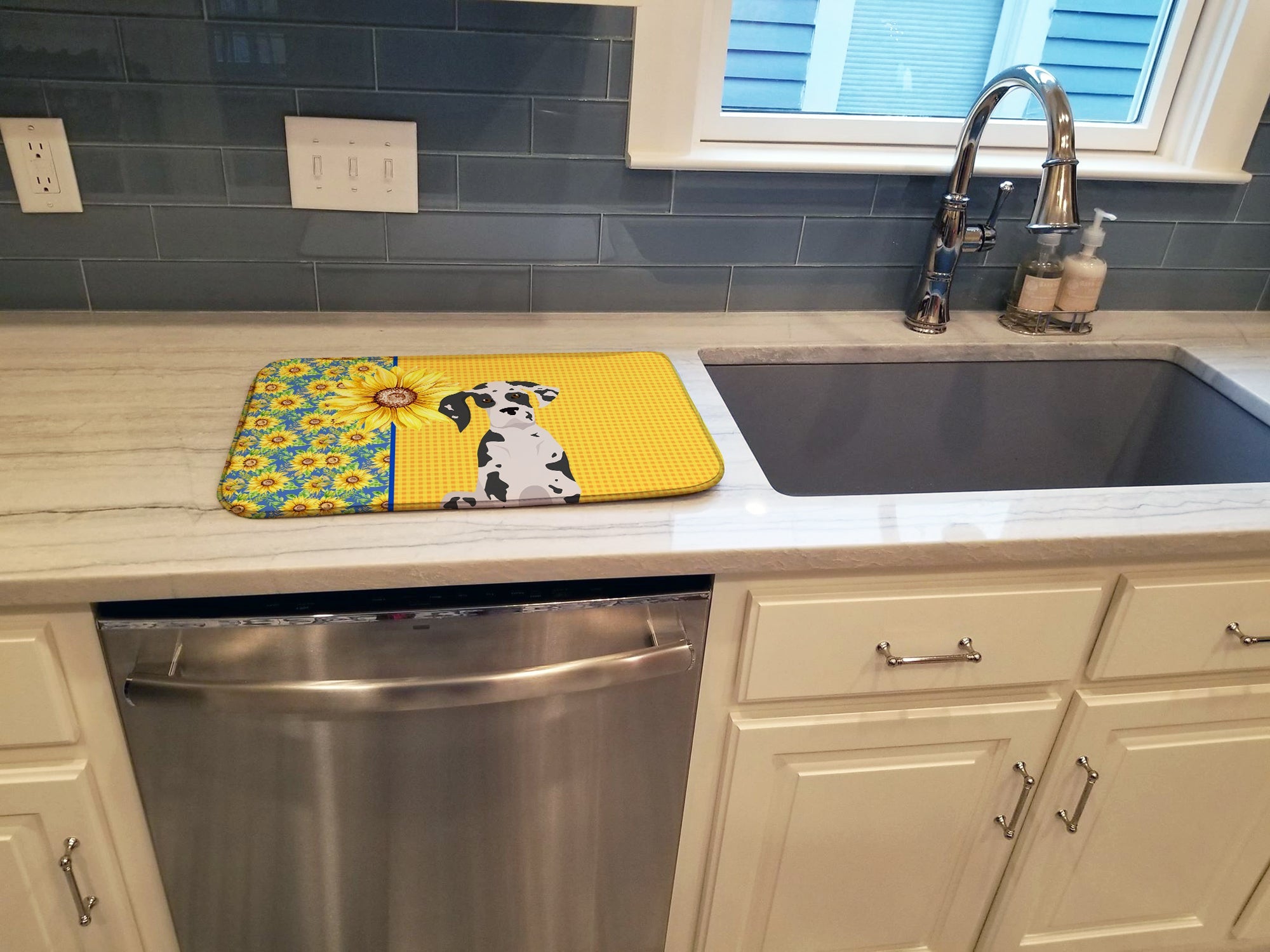 Summer Sunflowers Harlequin Great Dane Dish Drying Mat Absorbent Dish Drying Mat Pad for Kitchen Counter Dish Drainer Mat for Countertop, 14 x 21", Multicolor