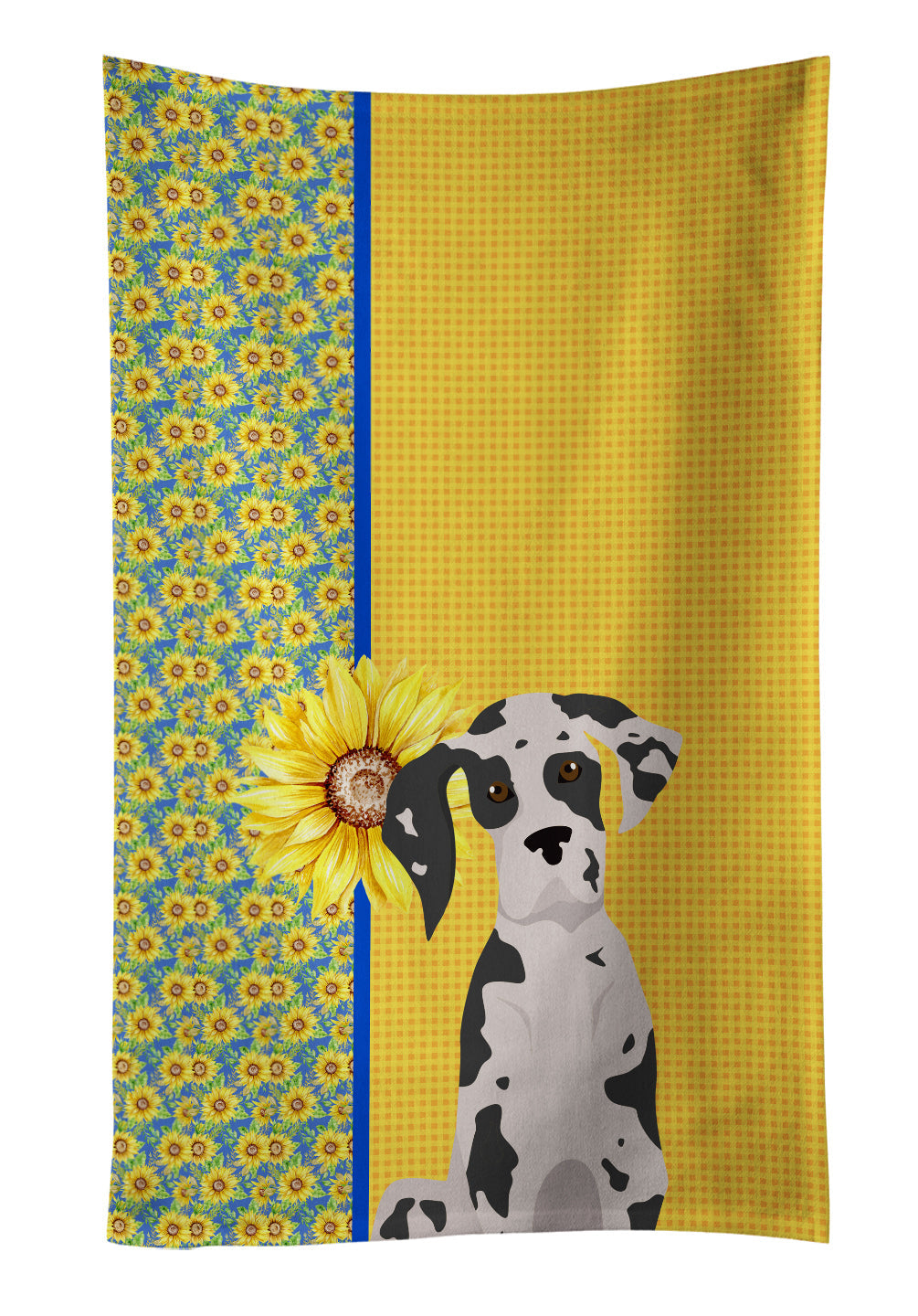 Summer Sunflowers Harlequin Great Dane Kitchen Towel Velour Plush Front and Cotton Loop Back Machine Washable
