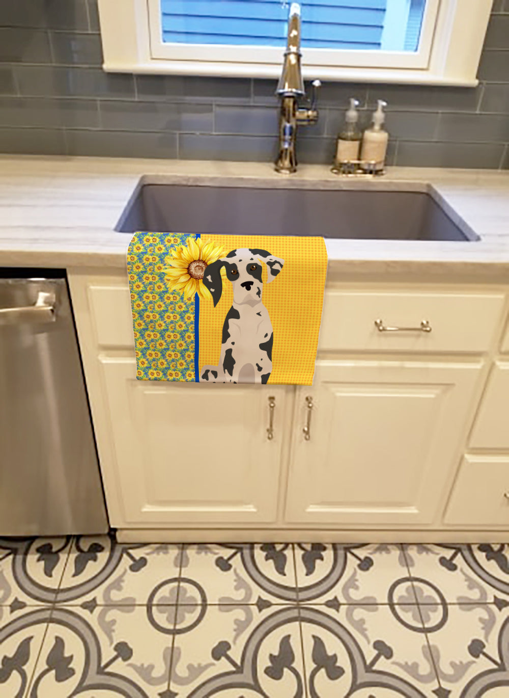 Summer Sunflowers Harlequin Great Dane Kitchen Towel Velour Plush Front and Cotton Loop Back Machine Washable