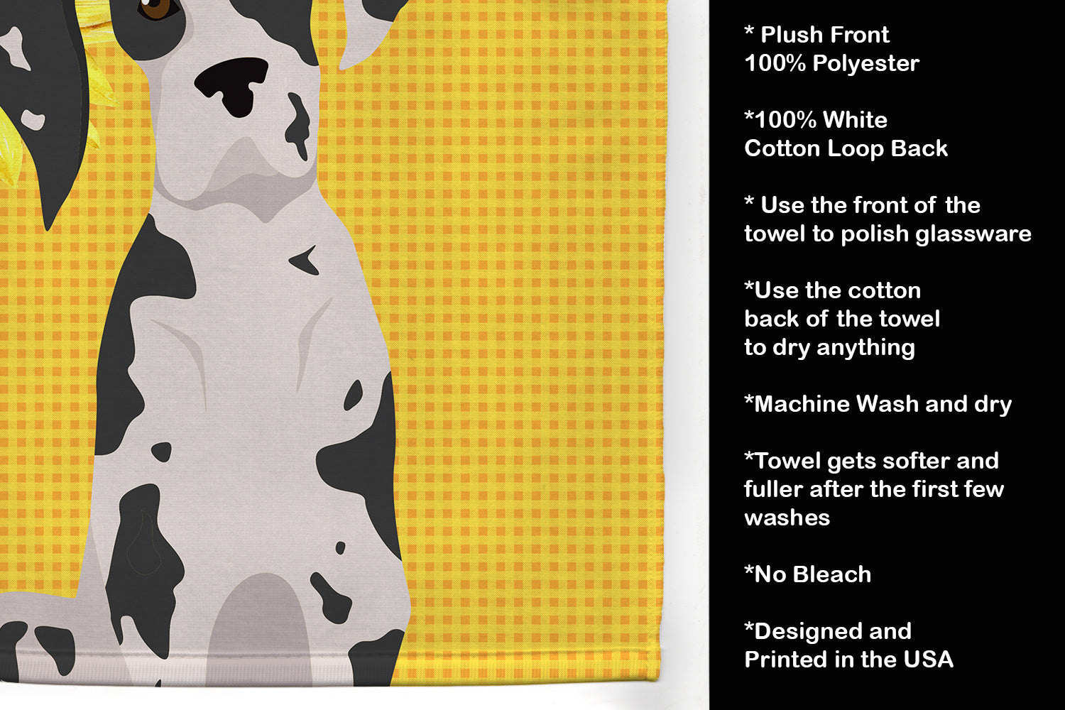 Summer Sunflowers Harlequin Great Dane Kitchen Towel Velour Plush Front and Cotton Loop Back Machine Washable