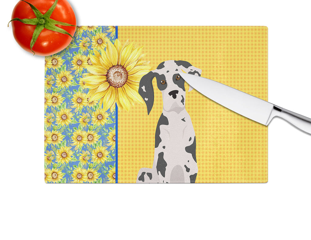 Summer Sunflowers Harlequin Great Dane Cutting Board Tempered Glass Kitchen Cutting Surface, Heat Resistant Chopping, Non-Slip Feet, Food Prep & Serving
