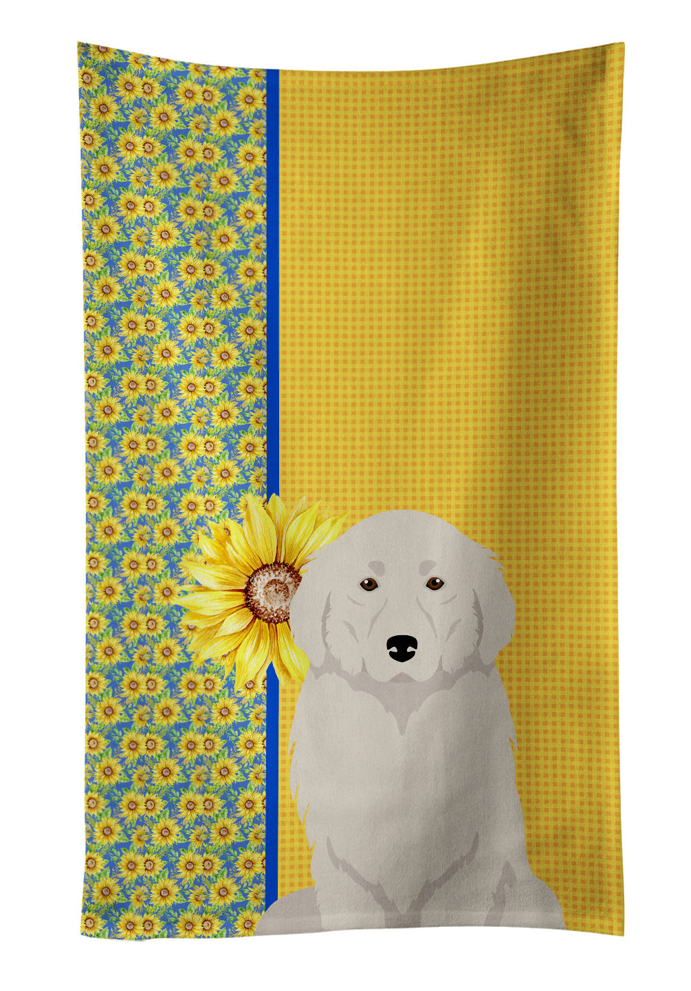Summer Sunflowers Great Pyrenees Kitchen Towel Velour Plush Front and Cotton Loop Back Machine Washable