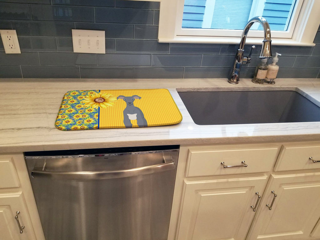 Summer Sunflowers Gray Italian Greyhound Dish Drying Mat Absorbent Dish Drying Mat Pad for Kitchen Counter Dish Drainer Mat for Countertop, 14 x 21", Multicolor