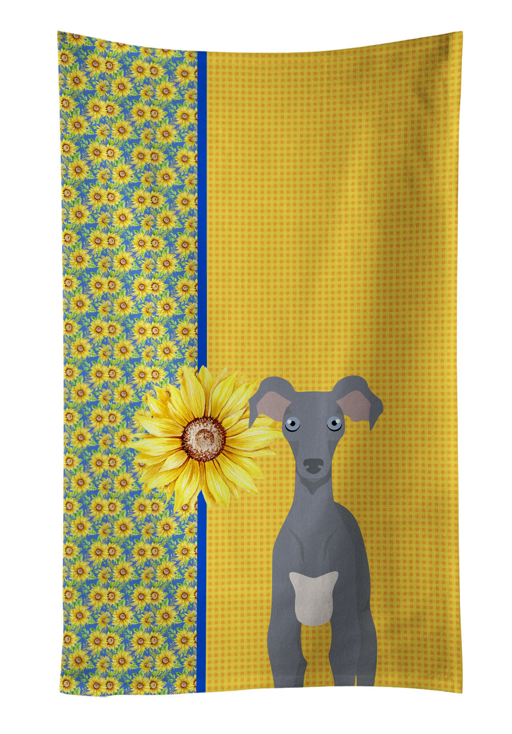Summer Sunflowers Gray Italian Greyhound Kitchen Towel Velour Plush Front and Cotton Loop Back Machine Washable