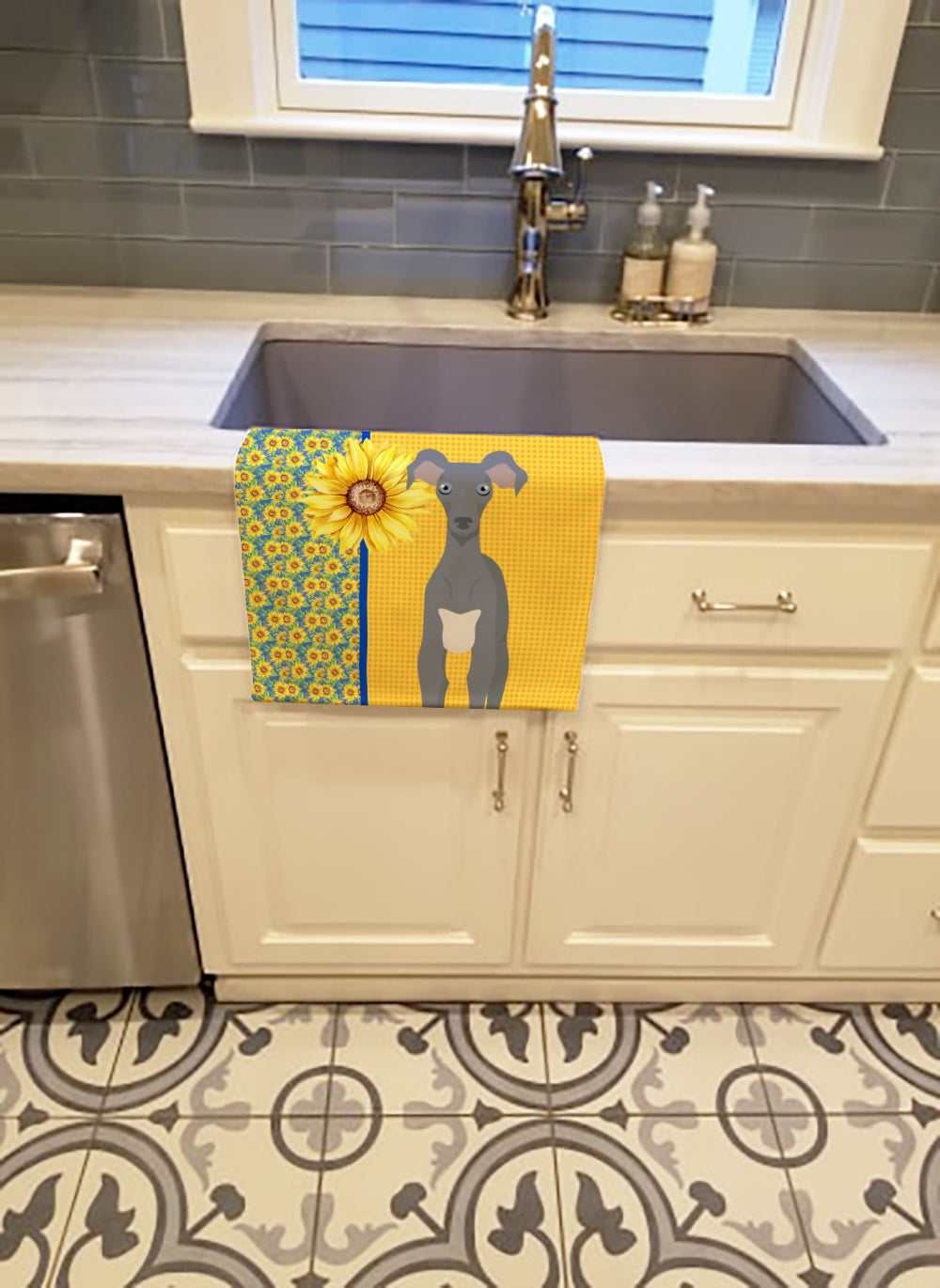 Summer Sunflowers Gray Italian Greyhound Kitchen Towel Velour Plush Front and Cotton Loop Back Machine Washable