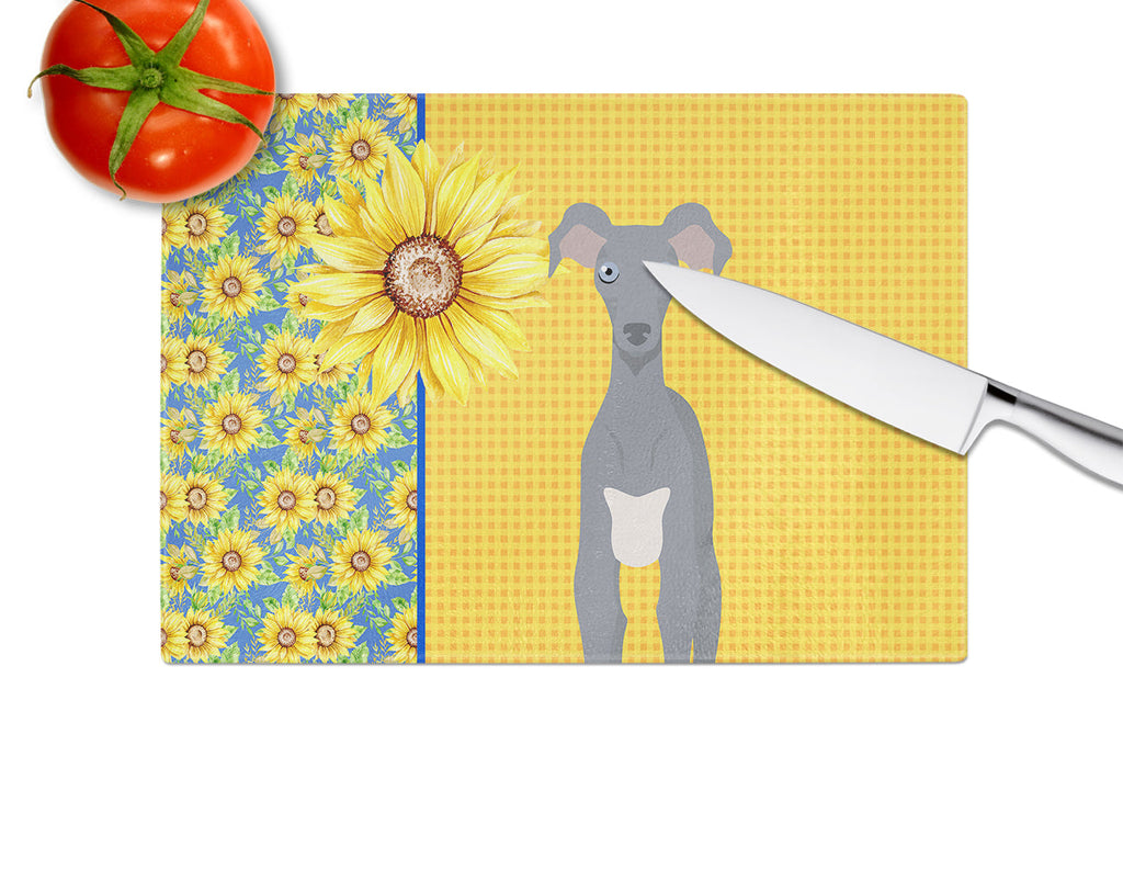 Summer Sunflowers Gray Italian Greyhound Cutting Board Tempered Glass Kitchen Cutting Surface, Heat Resistant Chopping, Non-Slip Feet, Food Prep & Serving