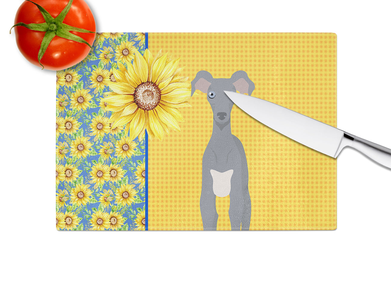 Summer Sunflowers Gray Italian Greyhound Cutting Board Tempered Glass Kitchen Cutting Surface, Heat Resistant Chopping, Non-Slip Feet, Food Prep & Serving