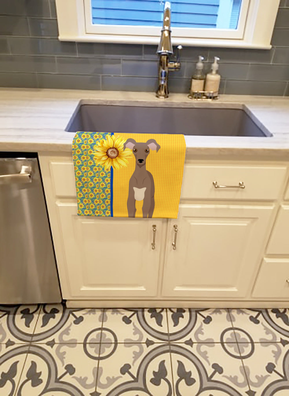 Summer Sunflowers Fawn Italian Greyhound Kitchen Towel Velour Plush Front and Cotton Loop Back Machine Washable