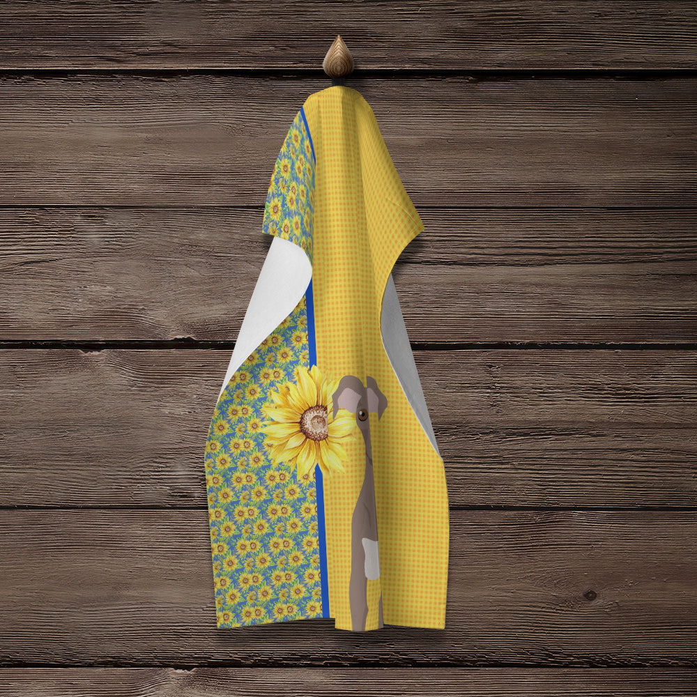 Summer Sunflowers Fawn Italian Greyhound Kitchen Towel Velour Plush Front and Cotton Loop Back Machine Washable