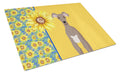 Summer Sunflowers Fawn Italian Greyhound Cutting Board Tempered Glass Kitchen Cutting Surface, Heat Resistant Chopping, Non-Slip Feet, Food Prep & Serving