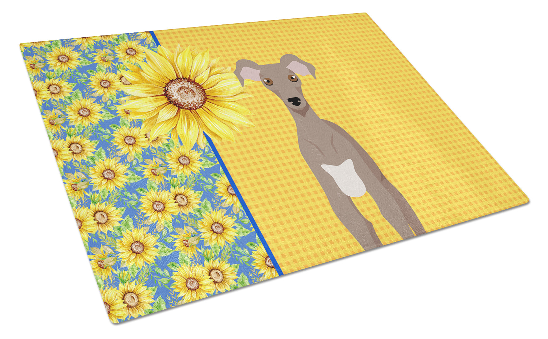 Summer Sunflowers Fawn Italian Greyhound Cutting Board Tempered Glass Kitchen Cutting Surface, Heat Resistant Chopping, Non-Slip Feet, Food Prep & Serving