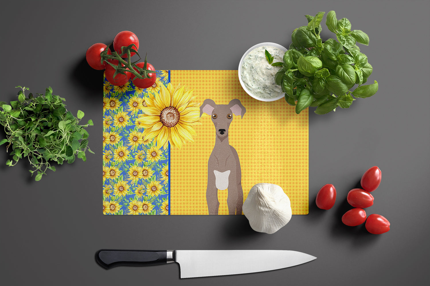 Summer Sunflowers Fawn Italian Greyhound Cutting Board Tempered Glass Kitchen Cutting Surface, Heat Resistant Chopping, Non-Slip Feet, Food Prep & Serving