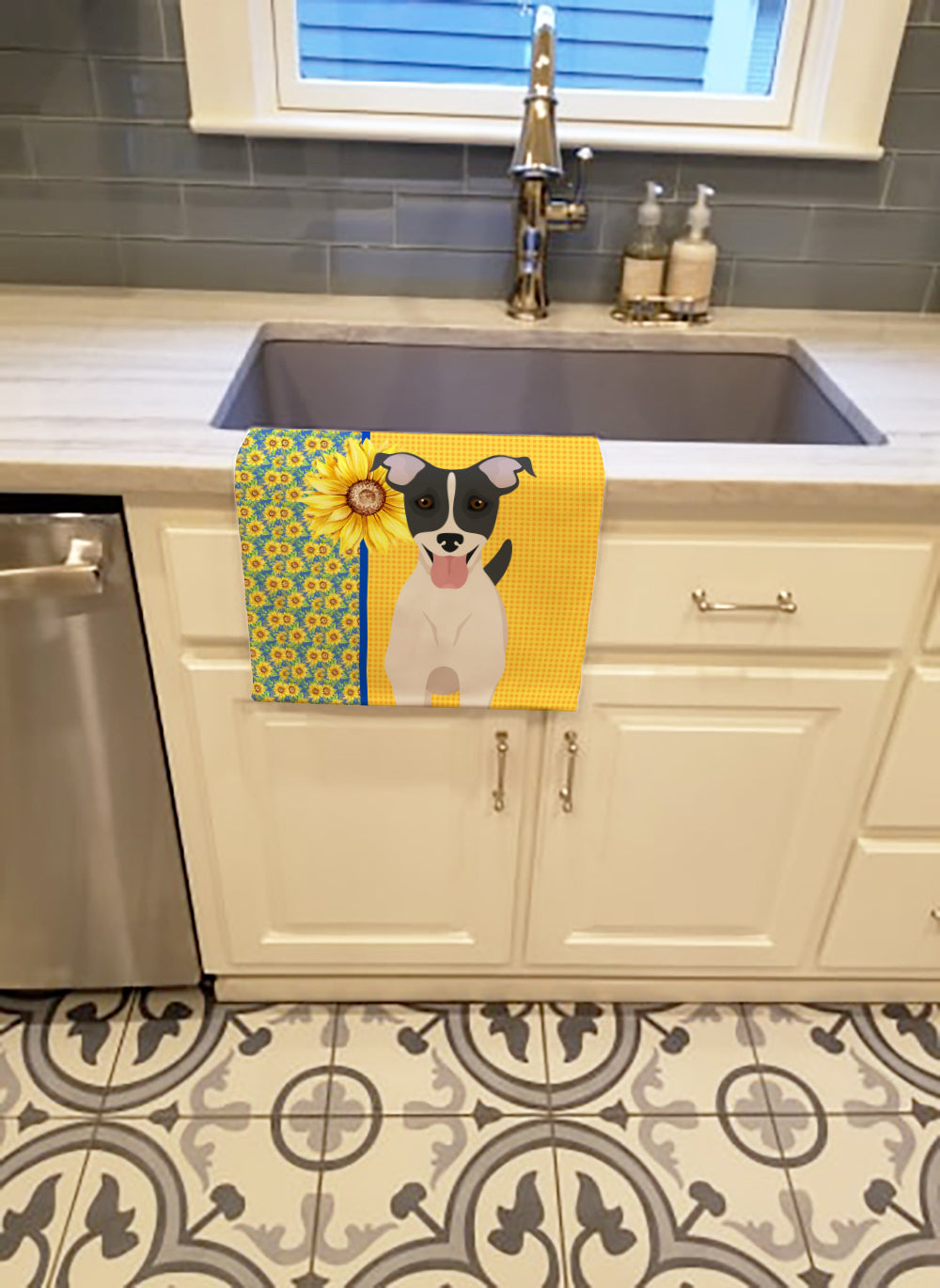 Summer Sunflowers Black White Smooth Jack Russell Terrier Kitchen Towel Velour Plush Front and Cotton Loop Back Machine Washable