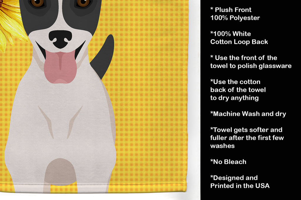 Summer Sunflowers Black White Smooth Jack Russell Terrier Kitchen Towel Velour Plush Front and Cotton Loop Back Machine Washable