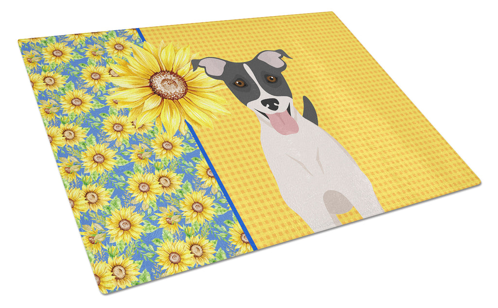 Summer Sunflowers Black White Smooth Jack Russell Terrier Cutting Board Tempered Glass Kitchen Cutting Surface, Heat Resistant Chopping, Non-Slip Feet, Food Prep & Serving