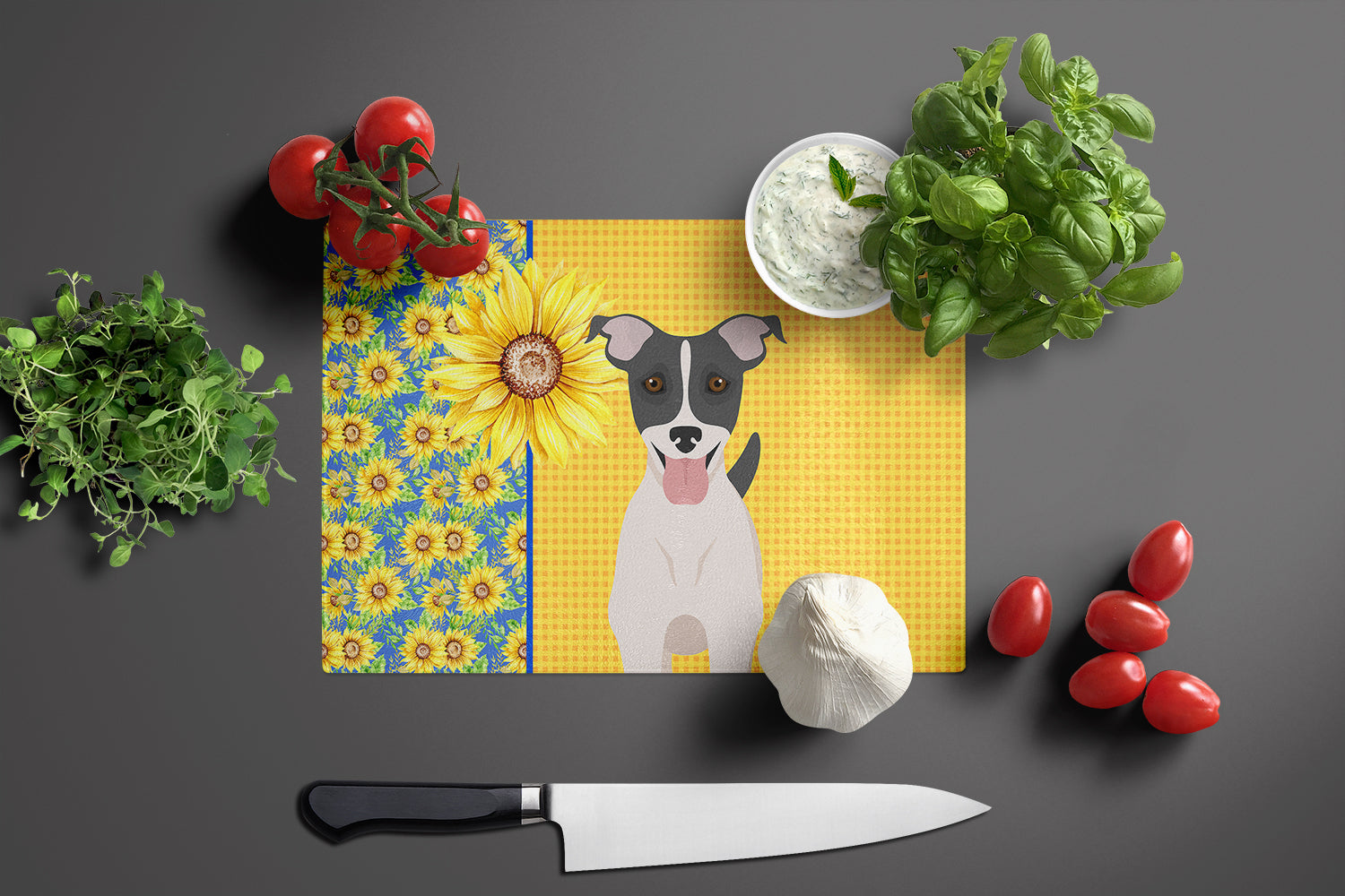 Summer Sunflowers Black White Smooth Jack Russell Terrier Cutting Board Tempered Glass Kitchen Cutting Surface, Heat Resistant Chopping, Non-Slip Feet, Food Prep & Serving
