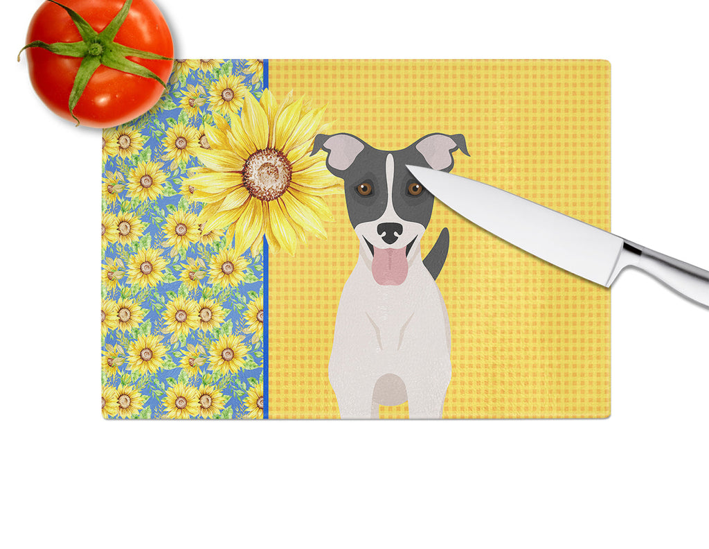 Summer Sunflowers Black White Smooth Jack Russell Terrier Cutting Board Tempered Glass Kitchen Cutting Surface, Heat Resistant Chopping, Non-Slip Feet, Food Prep & Serving