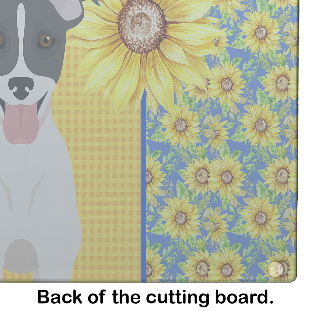 Summer Sunflowers Black White Smooth Jack Russell Terrier Cutting Board Tempered Glass Kitchen Cutting Surface, Heat Resistant Chopping, Non-Slip Feet, Food Prep & Serving
