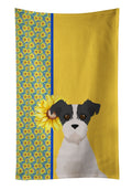 Summer Sunflowers Black White Wirehair Jack Russell Terrier Kitchen Towel Velour Plush Front and Cotton Loop Back Machine Washable