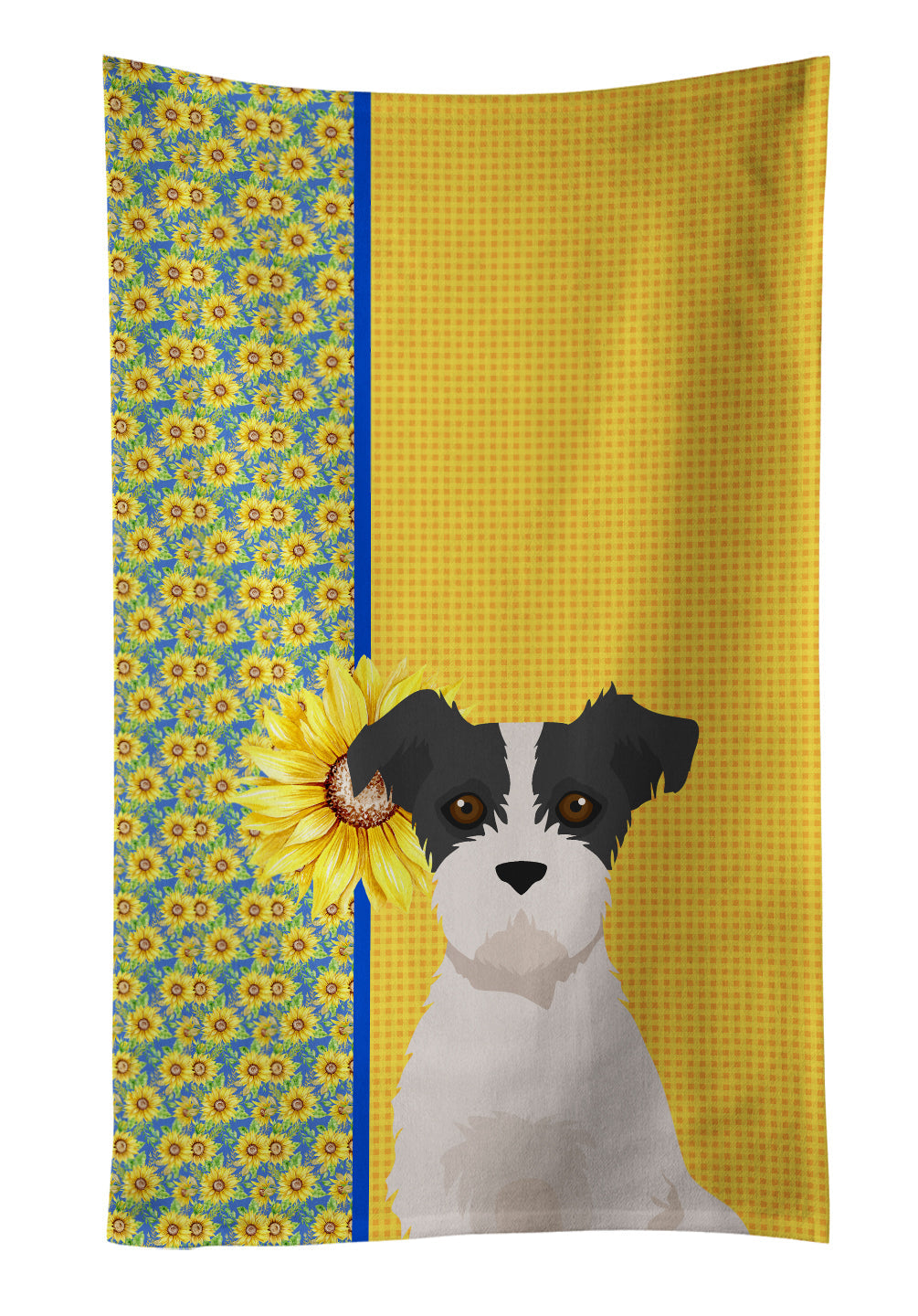 Summer Sunflowers Black White Wirehair Jack Russell Terrier Kitchen Towel Velour Plush Front and Cotton Loop Back Machine Washable