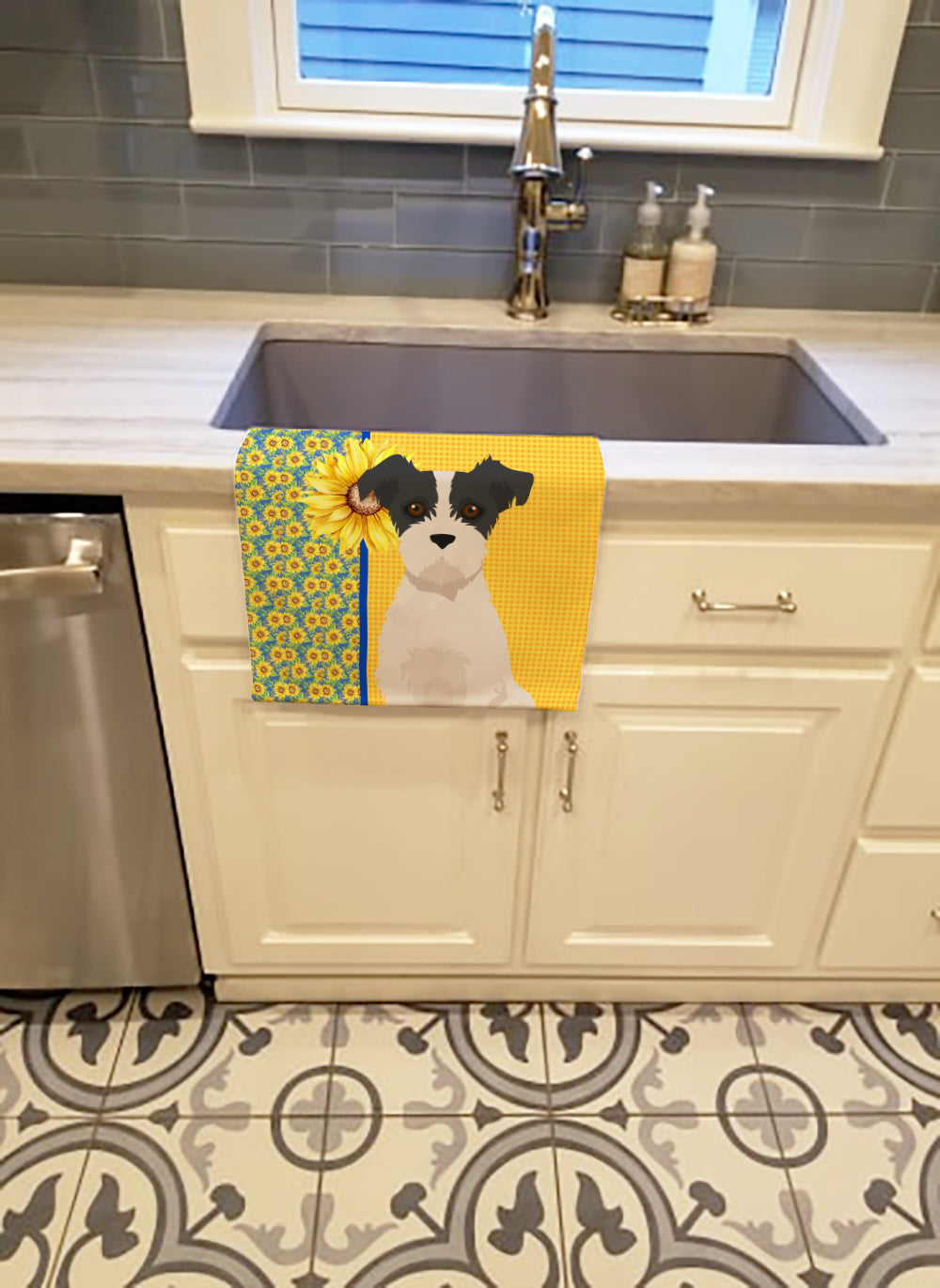 Summer Sunflowers Black White Wirehair Jack Russell Terrier Kitchen Towel Velour Plush Front and Cotton Loop Back Machine Washable